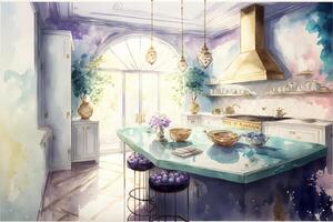 painting of a kitchen with a center island. . photo