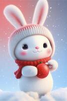 rabbit in a hat and scarf holding an apple. . photo