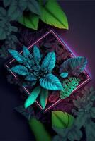 neon frame surrounded by plants and leaves. . photo