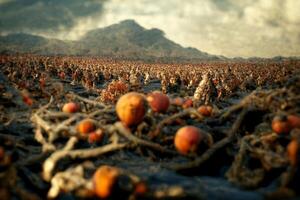 field of apples with a mountain in the background. . photo