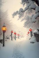 couple of red lanterns sitting on top of snow covered ground. . photo