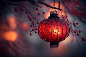 red lantern hanging from a tree branch. . photo