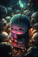 digital painting of a baby surrounded by skulls. . photo