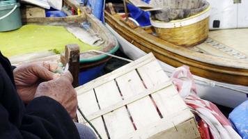 pescatore è riparazione calze a rete pesca Linee con il suo mano video