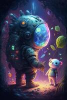 man in a space suit standing next to a teddy bear. . photo