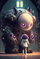 little girl standing in front of a giant robot. . photo