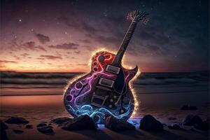 guitar sitting on top of a beach next to the ocean. . photo