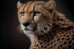 close up of a cheetah on a black background. . photo