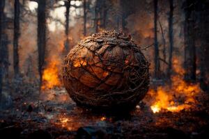 bola de fuego sentado en el medio de un bosque. generativo ai. foto