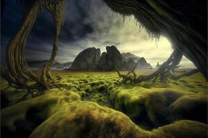 group of trees sitting on top of a lush green field. . photo