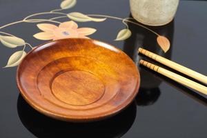 wood dish on japanese food tray on white background. photo