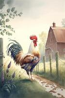 painting of a rooster in front of a barn. . photo