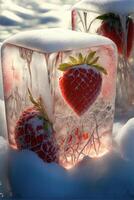 dos fresas son congelado en un bloquear de hielo. generativo ai. foto