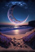 imagen de un playa a noche con el Luna en el cielo. generativo ai. foto