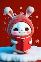 dibujos animados conejito leyendo un libro en el nieve. generativo ai. foto