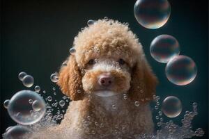 close up of a dog surrounded by bubbles. . photo