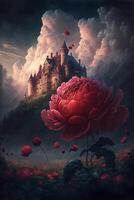 large red flower in front of a castle. generative ai. photo