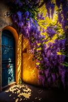 wall covered in purple flowers next to a blue door. . photo