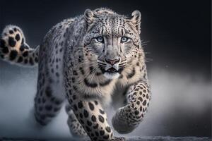 snow leopard is running through the snow. . photo