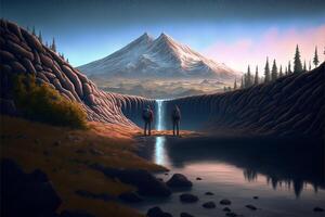 painting of two people standing in front of a waterfall. . photo