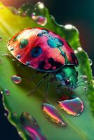 lady bug sitting on top of a green leaf. . photo