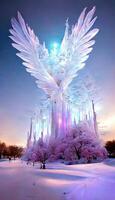 large white bird sitting on top of a snow covered field. . photo