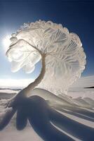 nieve cubierto árbol sentado en parte superior de un nieve cubierto campo. generativo ai. foto