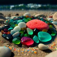 pile of sea glass sitting on top of a sandy beach. . photo