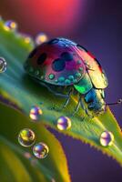 colorful bug sitting on top of a green leaf. generative ai. photo