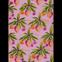 pattern of oranges and green leaves on a pink background. . photo