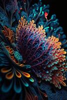 close up of a colorful flower on a black background. . photo