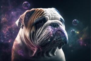 close up of a dog with bubbles in the background. . photo