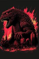 Godzilla en pie en frente de un ciudad horizonte. generativo ai. foto