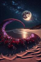 flower wreath in the sand with a full moon in the background. . photo