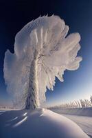 snow covered tree in the middle of a snowy field. . photo