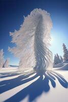 snow covered tree in the middle of a snowy field. . photo