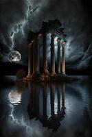 group of pillars sitting on top of a body of water. . photo