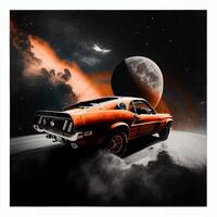 picture of a car with a planet in the background. . photo