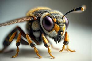 cerca arriba de un abeja en un blanco superficie. generativo ai. foto