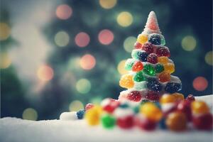 pile of gummy bears in front of a christmas tree. . photo