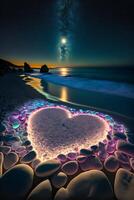 heart made out of pebbles on a beach at night. . photo