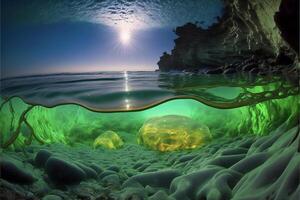 an underwater view of a jellyfish swimming in the ocean. . photo