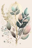 pintura de hojas y flores en un beige antecedentes. generativo ai. foto