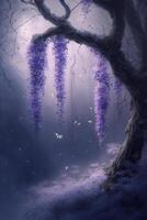 tree with purple flowers hanging from its branches. . photo