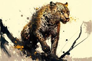 painting of a leopard sitting on a branch. . photo