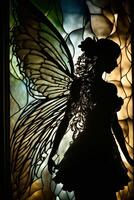silhouette of a fairy standing in front of a stained glass window. . photo