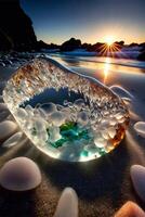 glass bottle sitting on top of a sandy beach. . photo