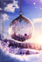 christmas ornament hanging from a chain in the snow. . photo
