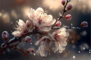 close up of a flower on a tree branch. . photo