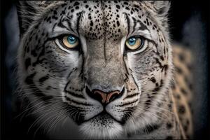 close up of a leopards face with blue eyes. generative ai. photo